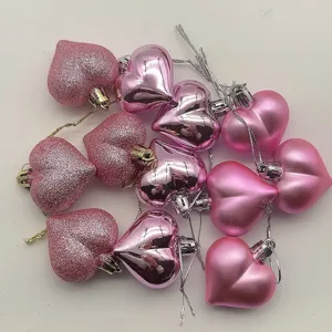12pcs pink heart-shaped Valentine's Day ornaments with glitter, shiny, and matte finishes