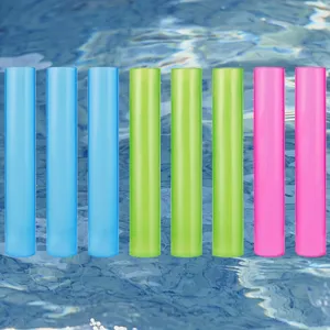 Gedetailleerd zicht op acht kleurrijke herbruikbare plastic ijssticks tegen een waterachtergrond.