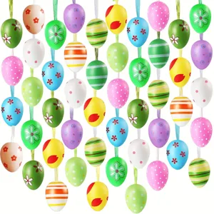 Set of colorful hanging Easter eggs with floral, polka dot, and striped patterns for decoration