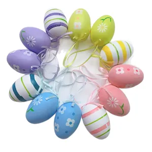 Set of 12 colorful painted Easter eggs with floral and striped patterns for hanging