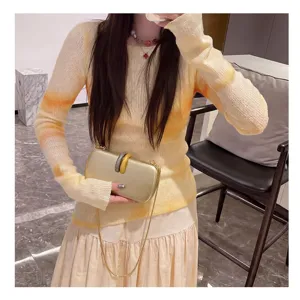 Vista dettagliata di una pochette da sera dorata elegante con chiusura unica e tracolla a catena.