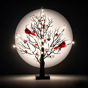 Árbol de Navidad de mesa LED con pájaros cardenales rojos y cálidas luces blancas