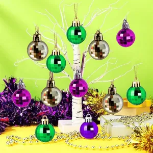 Small 3cm mirror disco ball ornaments hanging on a decorative white tree for festive decoration