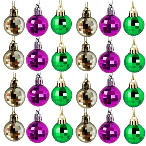 Detailed view of 24pcs 3cm shiny mirror disco Christmas balls in silver, purple, and green