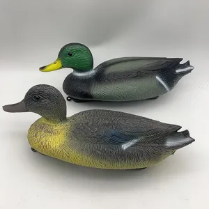 Detail view of realistic mallard and female duck decoys for outdoor garden decoration