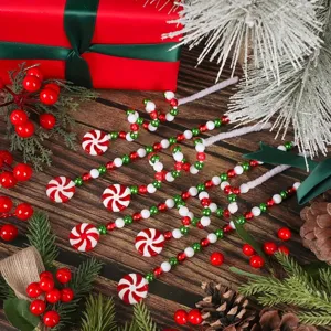 Detail view of festive red and green candy-themed Christmas tree decorative stems.