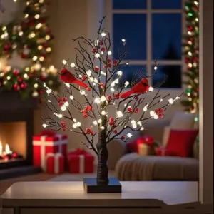 Árbol de Navidad Iluminado por LED Decoración de Mesa Con Pájaros Cardenales y Bayas Rojas Adorno de Escritorio con Brillo Blanco Cálido