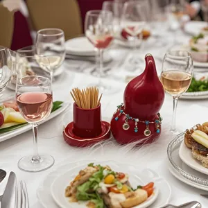 Gros plan sur un porte-cure-dents en céramique rouge posé sur une table festive