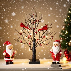 Árbol de Navidad LED de mesa con pájaros rojos y bayas para decoración festiva