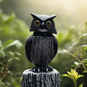 Primer plano de un señuelo de búho negro realista para ahuyentar pájaros en el jardín