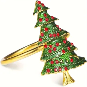 Anilleros para Servilletas de Árbol de Navidad Aleación Esmalte Verde Hebilla de Servilleta Oro Con Pedrería Roja Para Decoración de Mesa