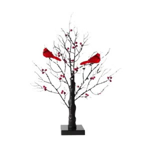 Árbol de mesa decorativo LED con cardenales rojos y bayas para la decoración del hogar festivo