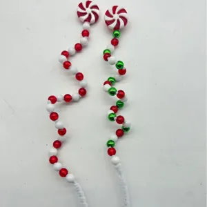 Set of red white and green peppermint curly picks for DIY Christmas tree decoration