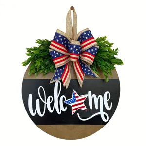 American Independence Day Wooden Door Sign July 4th Welcome Round Hanging Plaque With Bow Artificial Greenery Patriotic Home Decor
