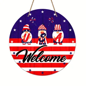 Wooden USA gnomes welcome sign for front door patriotic Independence Day hanging decor