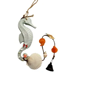 Mediterranean seahorse wind chime with natural shells and metal bell for home decor