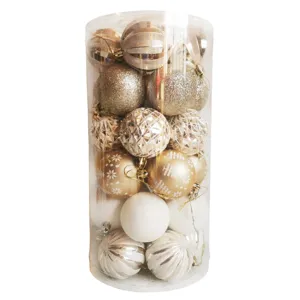 Set of 30 white and gold 6cm Christmas ball ornaments in clear cylinder pack