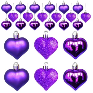 Set of 12 purple heart-shaped ornaments in matte, glitter and glossy finishes for decor