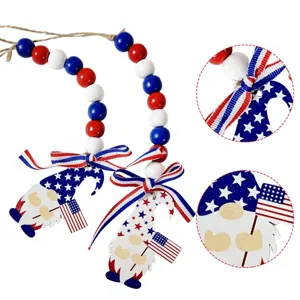 Independence Day gnome wood bead garlands with American flag patterns and ribbons