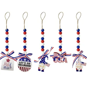 Set of 5 American Independence Day wooden bead hanging ornaments with flags and gnomes