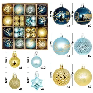 Set of 44 Christmas ball ornaments in gold and blue with assorted textures and sizes