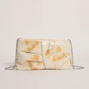 Squisita pochette da sera plissettata con paillettes floreali e catena per festa e vacanza.