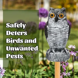 Realistic plastic owl decoy bird deterrent for outdoor garden and porch protection.