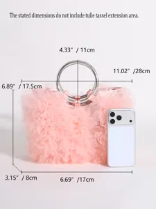 Detailed dimensions of pink tulle ruffled handbag with silver ring handles for women