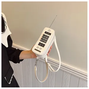 Creative vintage brick phone shaped crossbody bag in cream white, retro fashion style