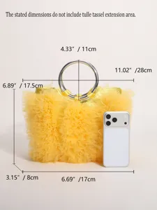 Yellow ruffled tulle handbag dimensions diagram showing detailed size measurements and scale