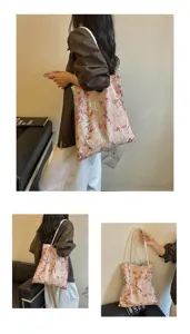 Detail shots of a pink iridescent sequin tote bag with white rope handles in lifestyle setting