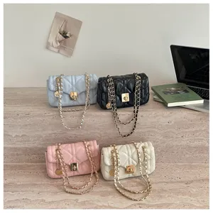 Stylish quilted crossbody bags in multiple colors with shiny oil skin finish and chain.