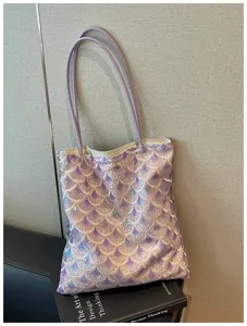 Detailed view of the purple mermaid scale sequin embroidery on this stylish tote bag