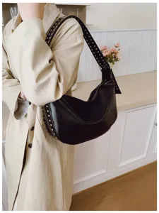 Stylish black rivet shoulder bag for women, casual faux leather underarm hobo bag daily use.