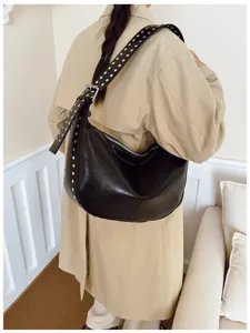 Black faux leather slouchy shoulder bag with studded strap retro casual hobo bag for women