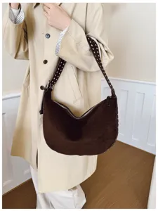 Retro faux suede shoulder bag with rivets, large capacity casual hobo dumpling handbag.