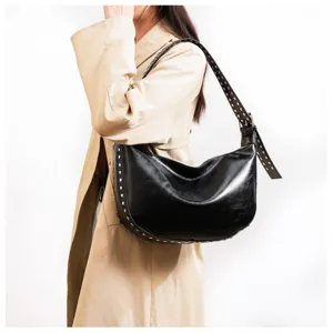 Black leather studded hobo shoulder bag for women, retro casual dumpling purse underarm.