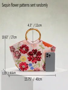 Detaillierte Größenangaben für die Pailletten-Blumen-Tragetasche mit Bambusgriffen.