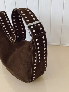 Retro brown suede shoulder underarm bag for women, large capacity rivet dumpling handbag.