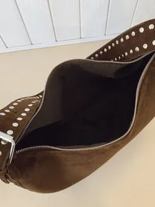Vintage brown suede hobo shoulder bag with metal studs, chic dumpling zipper handbag for women.