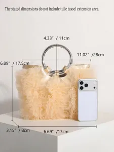 Dimensions of the cream tulle ruffled handbag with circular metal handles and scale.