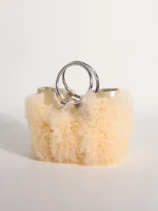 Detail view of sweet style apricot pleated ruffle handbag with silver round metal handles