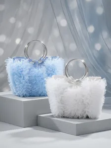 Detail view of sweet style ruffled soft yarn handbags featuring elegant silver ring handles.
