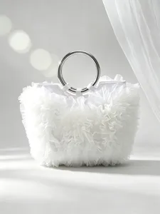 Elegant white ruffled tulle handbag with a sleek silver circular metal handle