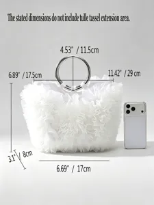 Detailed dimensions of white ruffled tulle handbag with silver ring handle
