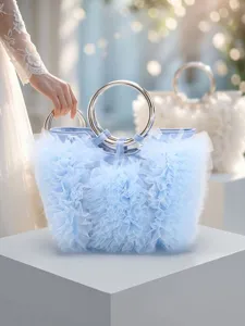 Elegant sweet light blue ruffle pleated gauze handbag with silver ring handles.