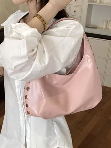 Women Glossy PU Shoulder Bag Rivet Underarm Bag Punk Style Hobo Handbag Streetwear Dumpling Satchel Crossbody Purse For Ladies