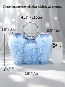 Detailed view of light blue ruffled tulle handbag with size dimensions and phone reference