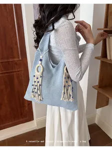Blaue Strick-Umhängetasche für Damen im Vintage-Stil mit eleganten Quasten und Ring