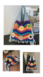 Vistas detalladas de un bolso de ganchillo con rayas de arco iris y motivos florales 3D